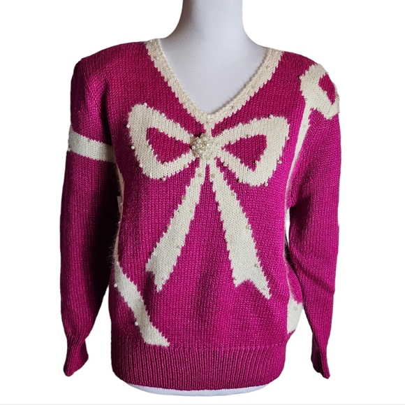 Jaclyn Smith Sweaters - Vintage Jaclyn Smith Hot Pink White Bow Sweater Sz L Pearl Bead Granny Coquette